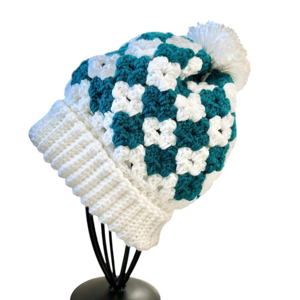 Beanie Hat for Teens or Adult Multicolor Crochet Diamond Granny Stitch & PomPom